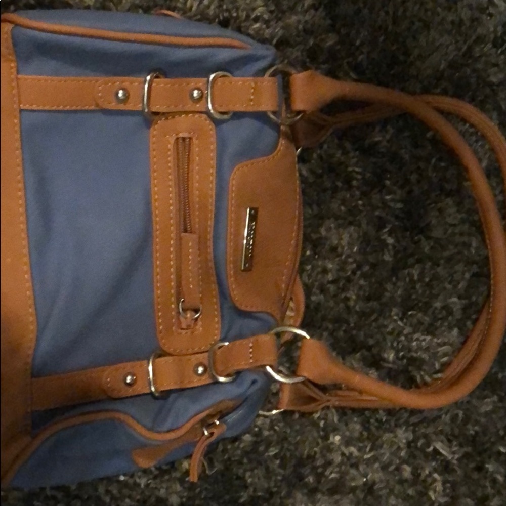 Brown and blue handbag